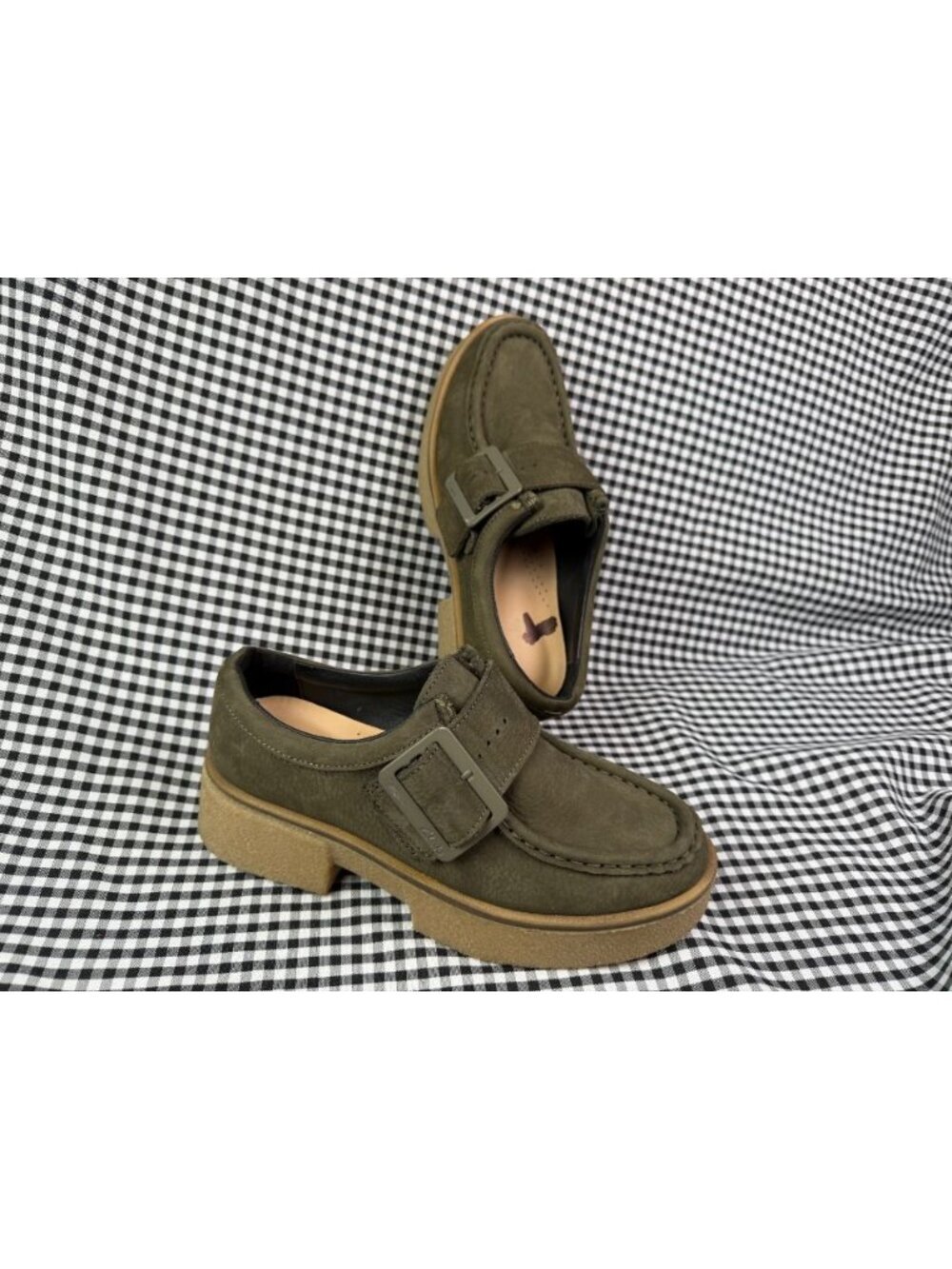 Clarks Linoso Monk Olive Dark Green Nubuck Crepe Sole Buckle Loafer Women's US 7
